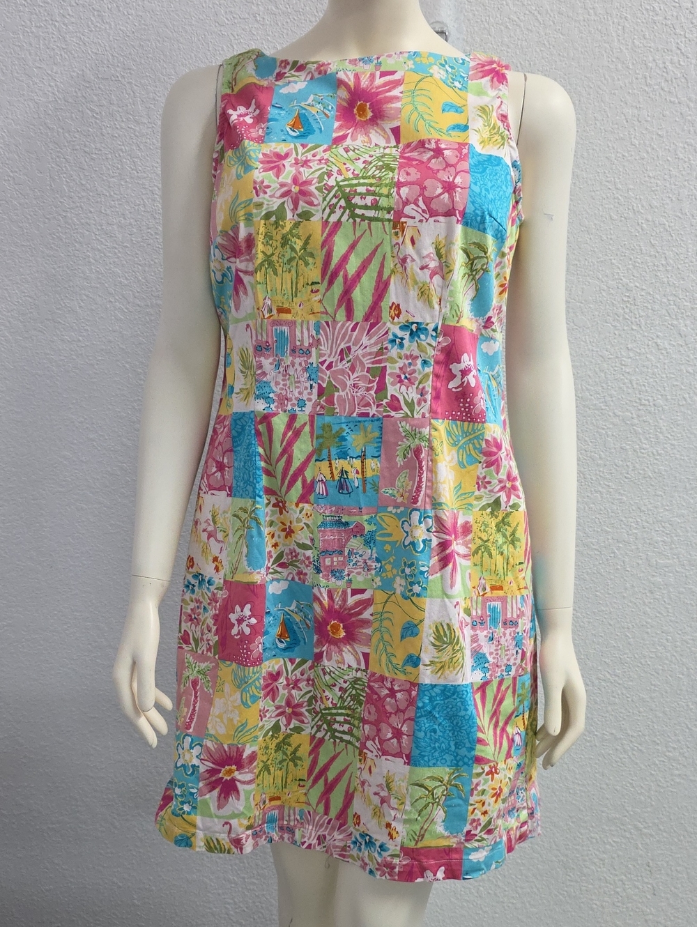 MATCH Tropical Patchwork Print Shift Dress Made in USA Size M